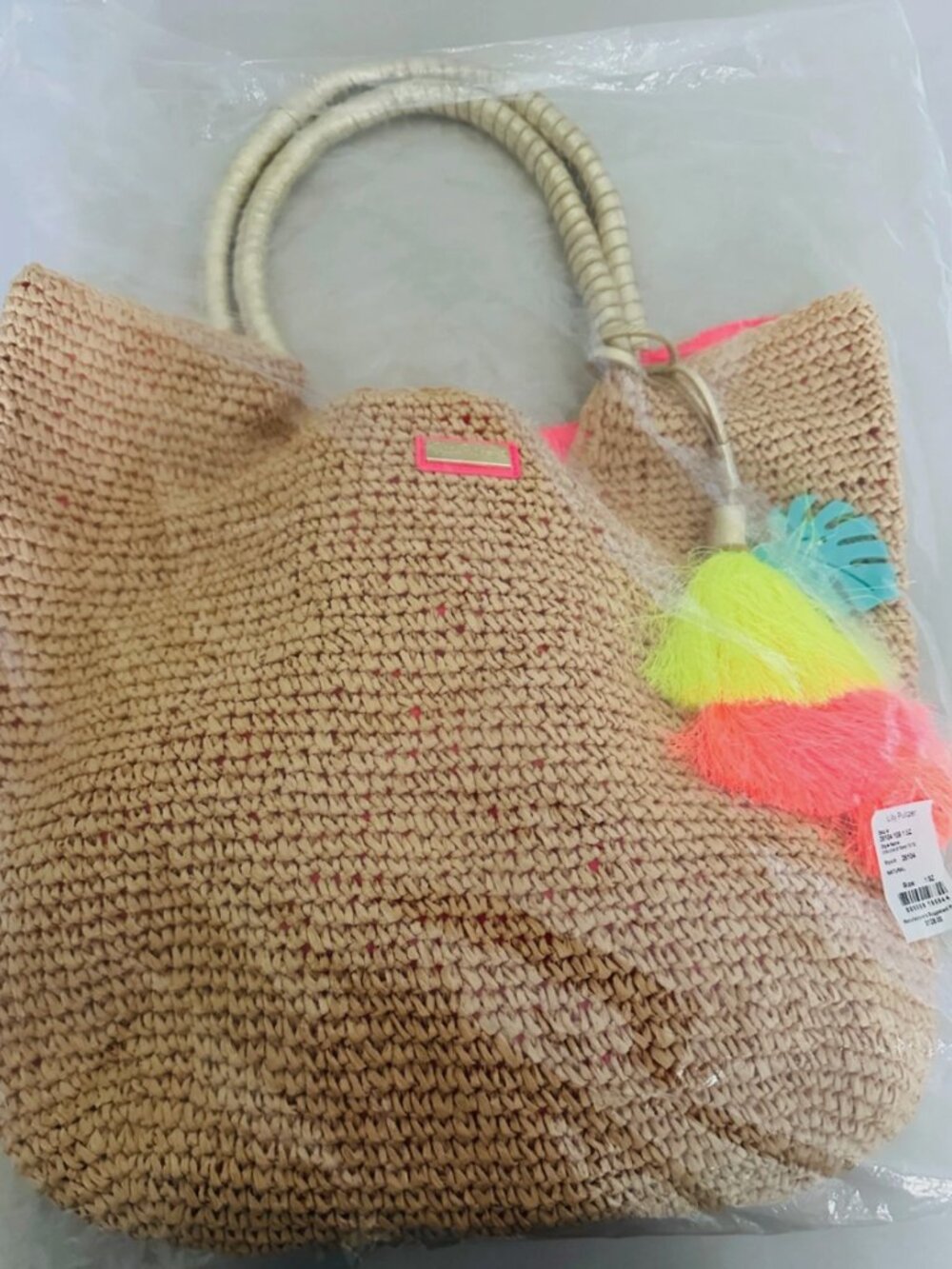 Lilly Pulitzer Straw Tote Handbag NIP Neon Tassel Charm - Picture 6 of 6